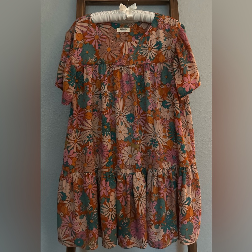 BB Dakota Pink and Orange Ruffled Tiered Mini Dress